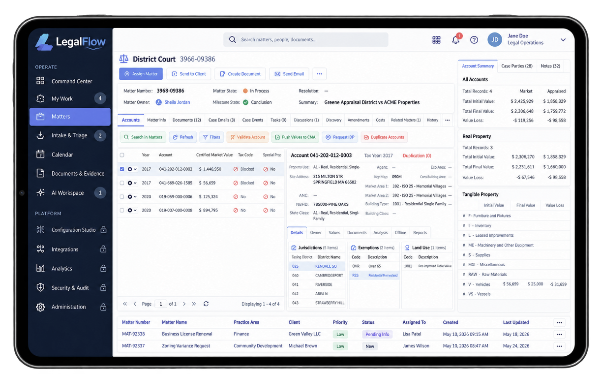 Legal Flow Screenshot Distrct Court AI-assisted legal matter workspace with case information, documents, tasks, and human review controls